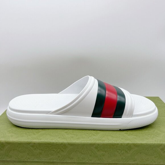 Gucci Men’s Web ACE RUBBER Slide Sandals Pool White UK 12 US 12.5 NEW AUTHENTIC - Picture 8 of 14